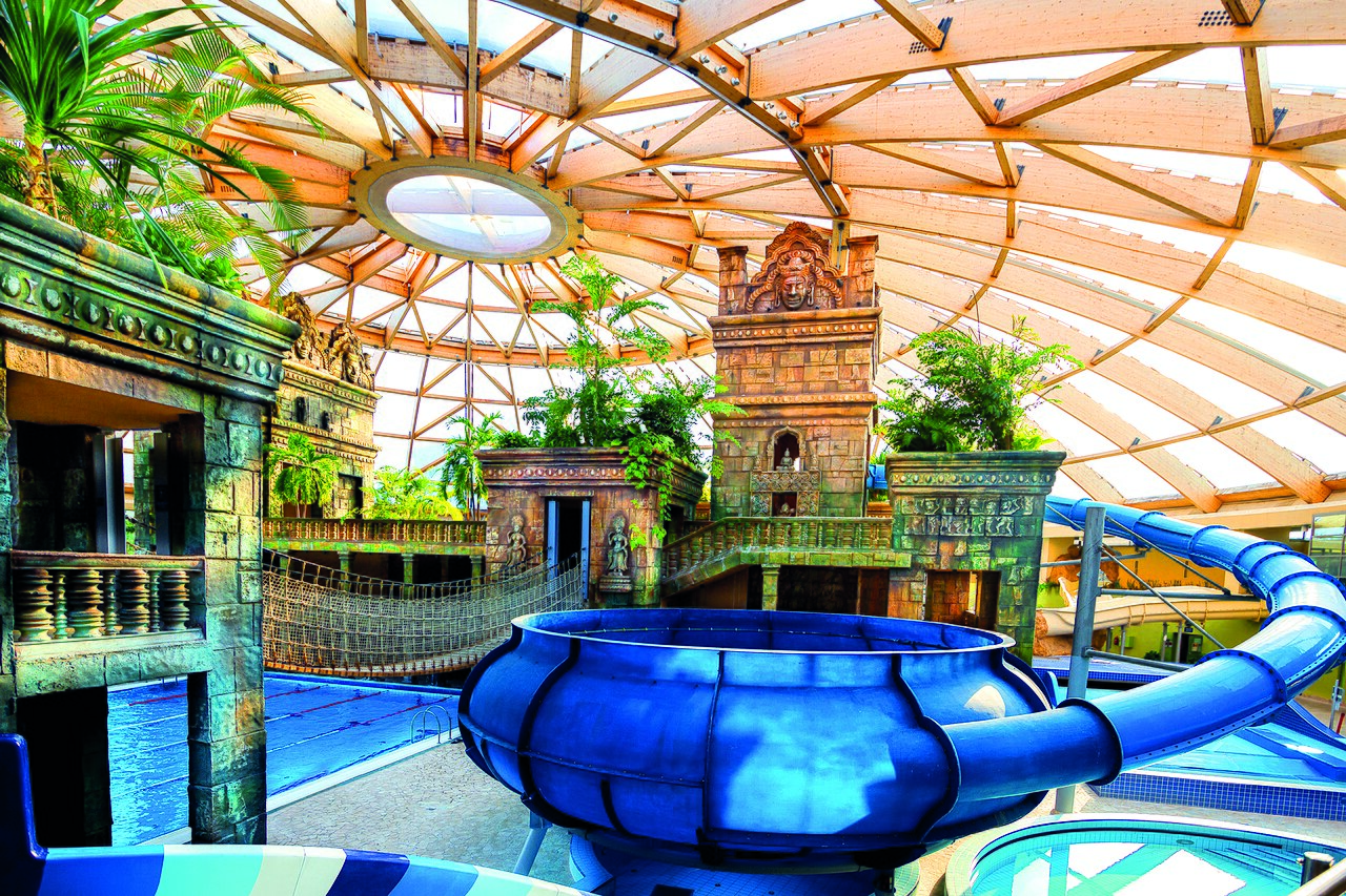 Indoor slides and pools at Aquaworld Budapest